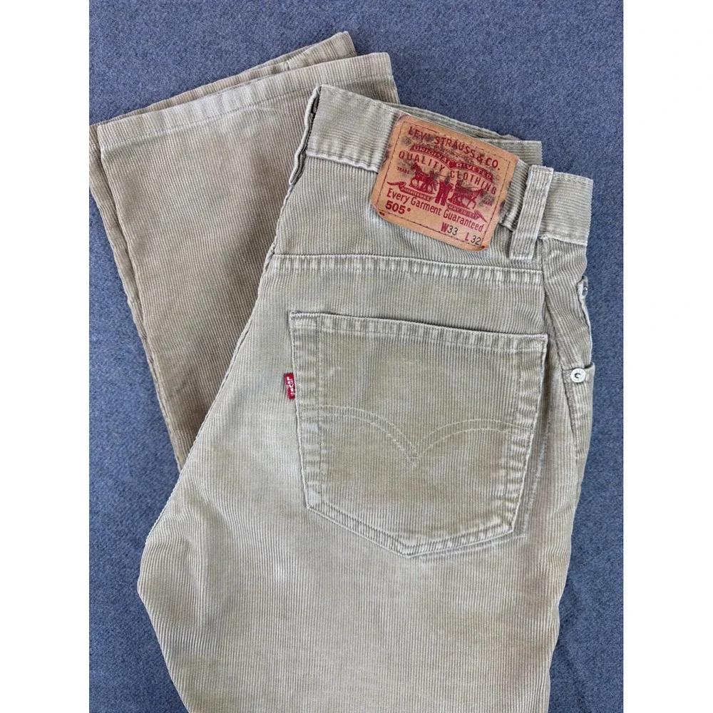 Levi's 505 Corduroy Pants Mens 33x32 Tan Straight Leg Beige Vintage Worn/Altered